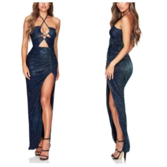 Nookie Revolve Halle Cut Out Maxi Dress Front Slit Sz SMALL in Teal Metallic - Picture 1 of 5